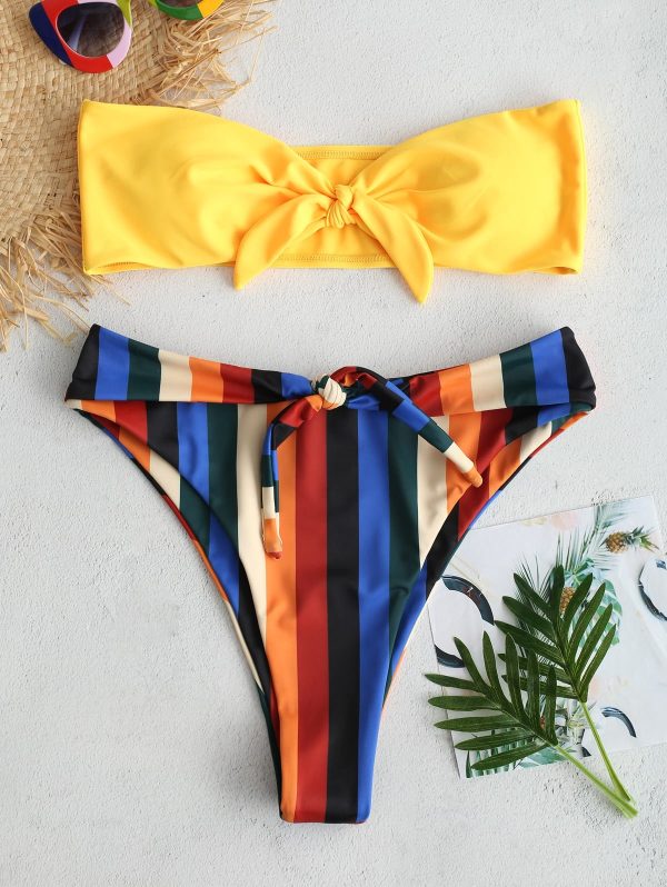 ZAFUL Knot Colorful Stripe Bandeau Bikini Set